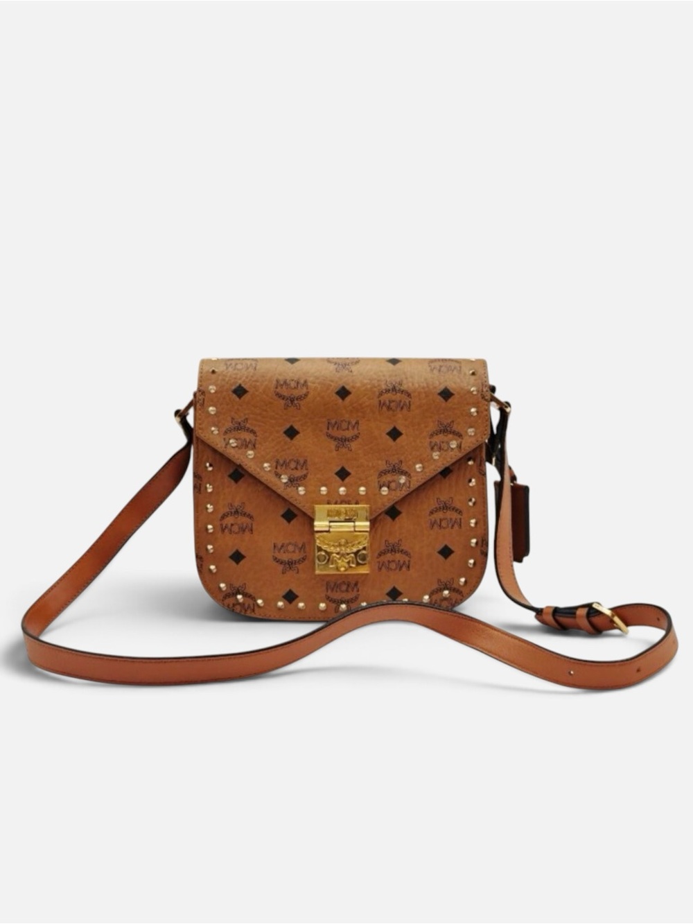 MCM Visetos Spike Crossbody Bag Cognac Brown Monogram Shoulder Bag